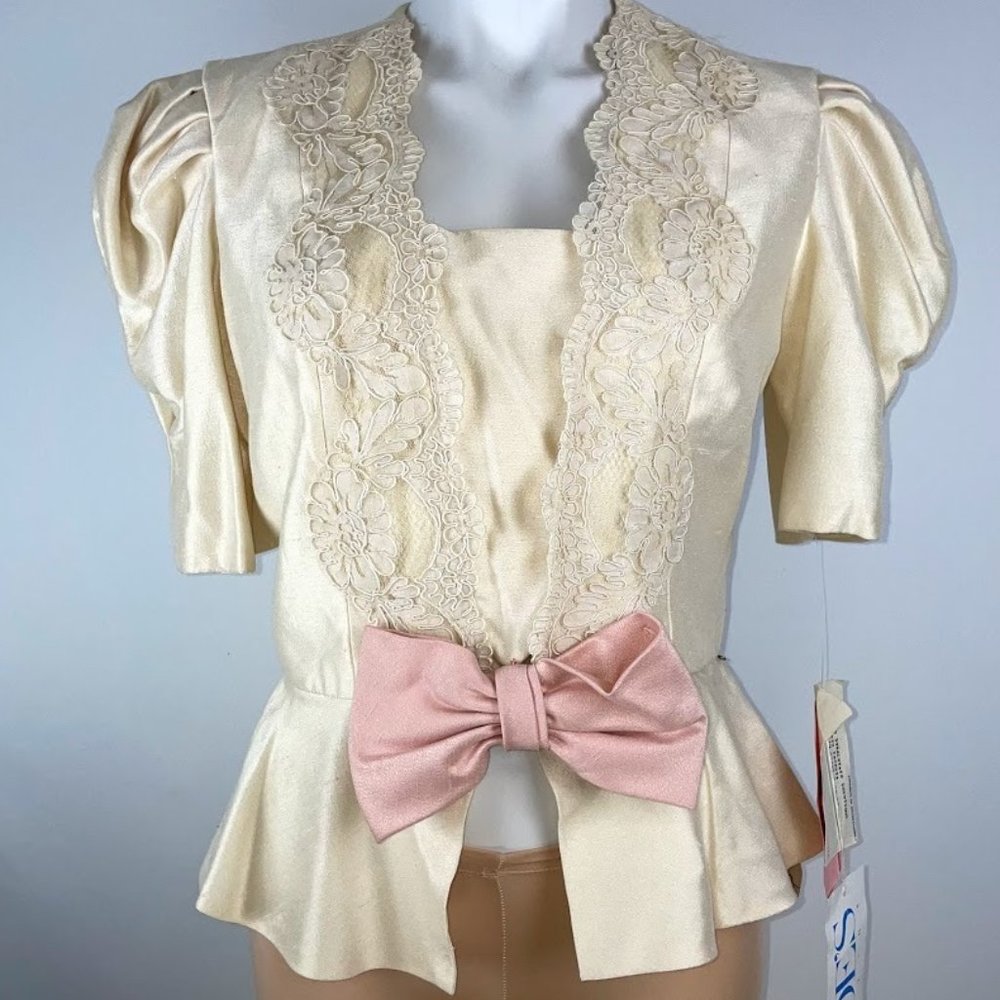 Vintage 80s Cream Bridal Jacket W/ Pink Bow Sz 12